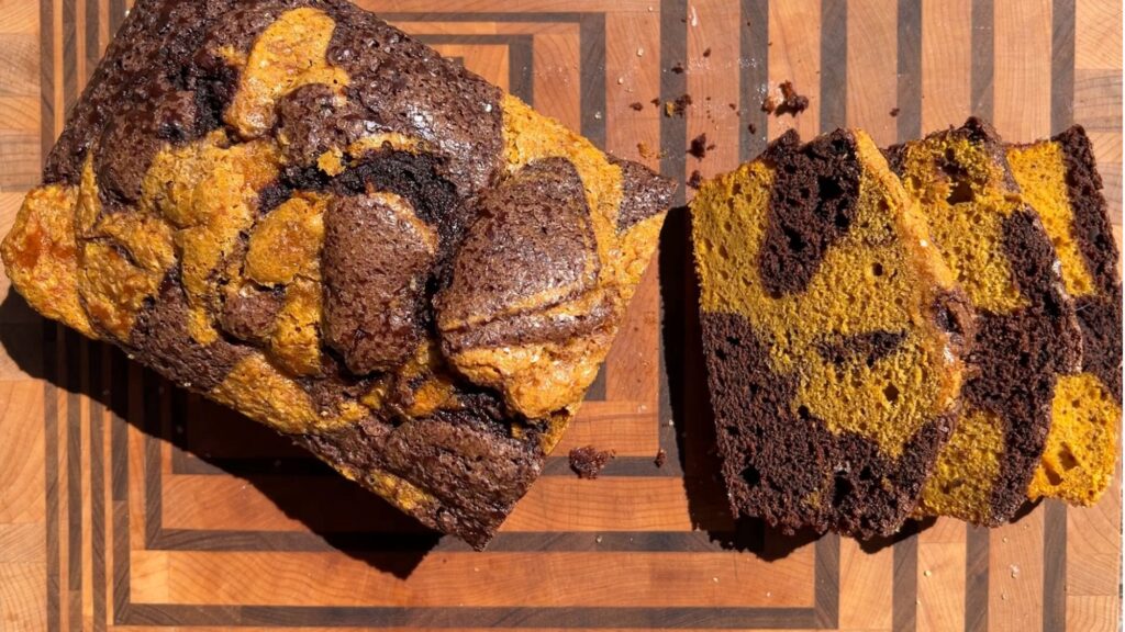 Chocolate pumpkin swirl bread on plate