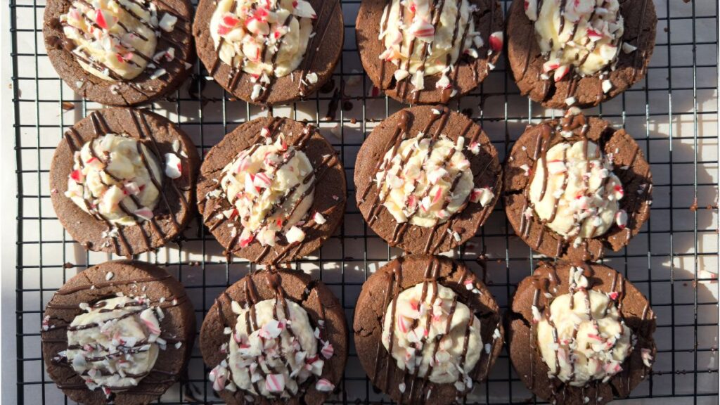 Chocolate peppermint cookies on wire rack