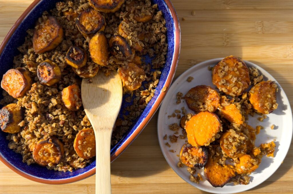 Sweet potato crumble on plate