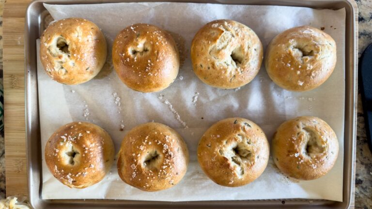 Bagels on baking sheet